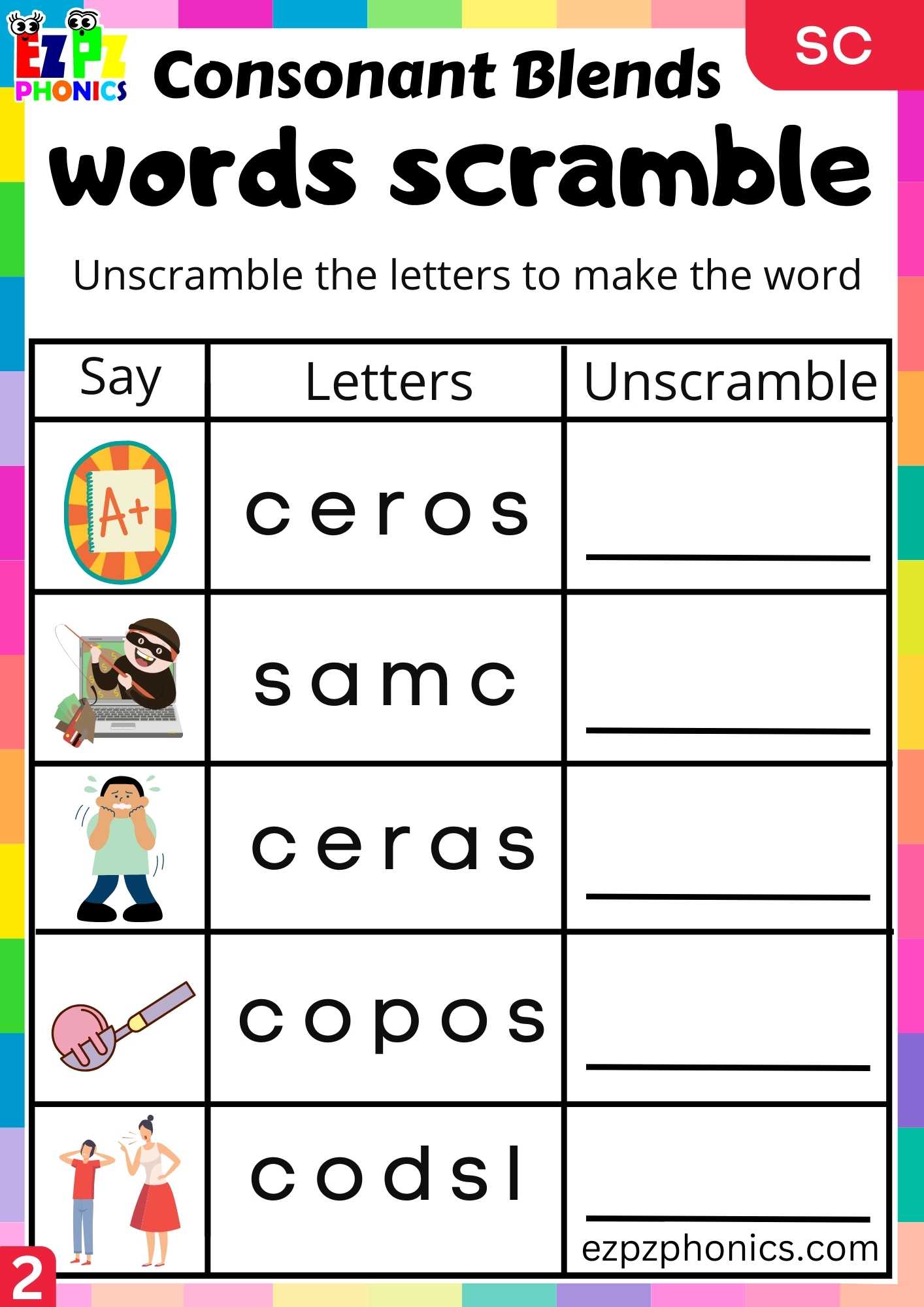 Group2 SC Words Words Scramble Phonics Consonant Blends Worksheet